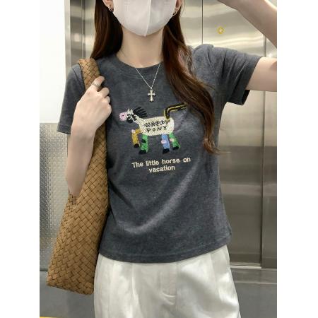 纯棉螺纹短袖t恤女夏新款韩系刺绣正肩圆领上衣