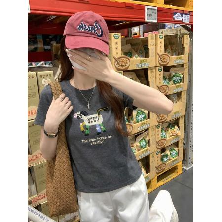 纯棉螺纹短袖t恤女夏新款韩系刺绣正肩圆领上衣