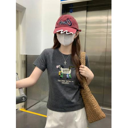 纯棉螺纹短袖t恤女夏新款韩系刺绣正肩圆领上衣