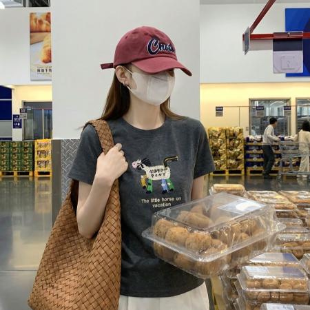 纯棉螺纹短袖t恤女夏新款韩系刺绣正肩圆领上衣