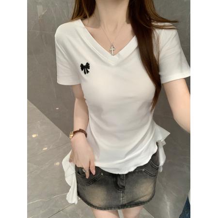 纯棉螺纹短袖t恤女装夏新款飘带蝴蝶结显瘦V领上衣