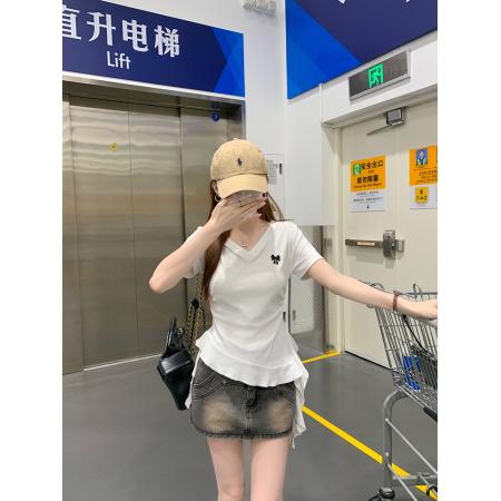 纯棉螺纹短袖t恤女装夏新款飘带蝴蝶结显瘦V领上衣