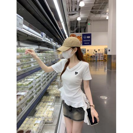 纯棉螺纹短袖t恤女装夏新款飘带蝴蝶结显瘦V领上衣