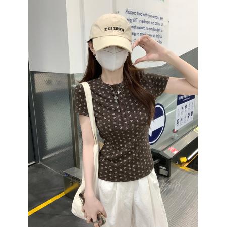 原版布料短袖t恤女装夏季新款韩系碎花亨利衫领上衣