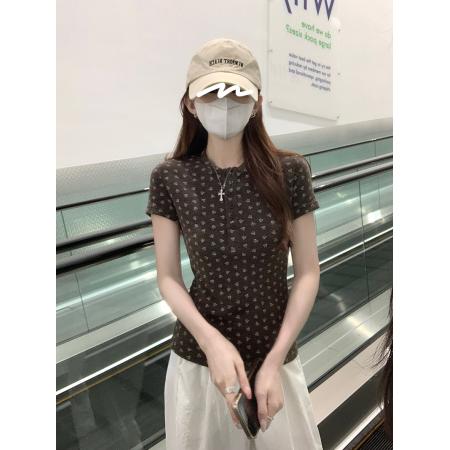 原版布料短袖t恤女装夏季新款韩系碎花亨利衫领上衣