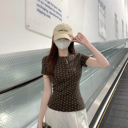 原版布料短袖t恤女装夏季新款韩系碎花亨利衫领上衣