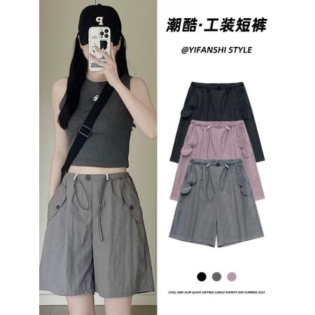 灰色工装短裤女夏季薄款高腰休闲阔腿设计感速干运动美式五分裤子