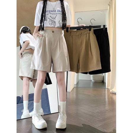 原版棉卡其色工装短裤女夏薄款高腰a字阔腿宽松休闲五分裤