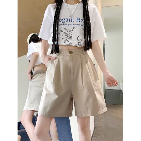 原版棉卡其色工装短裤女夏薄款高腰a字阔腿宽松休闲五分裤