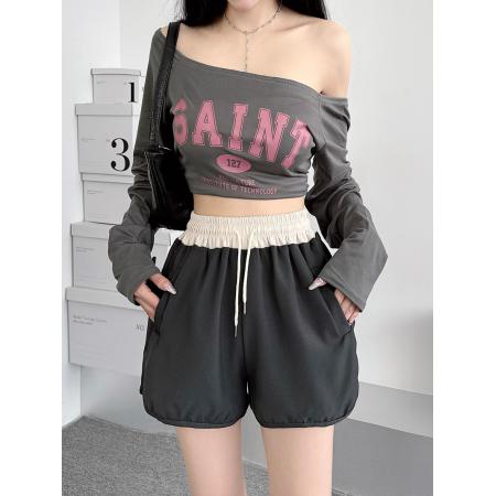 夏季新款高质量斜纹宽松女短裤夏新款阔腿裤拼色休闲裤