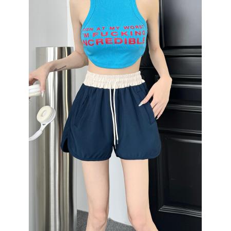 夏季新款高质量斜纹宽松女短裤夏新款阔腿裤拼色休闲裤