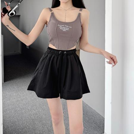 夏季斜纹丝松紧高腰阔腿裤子女夏季宽松显瘦薄款短裤