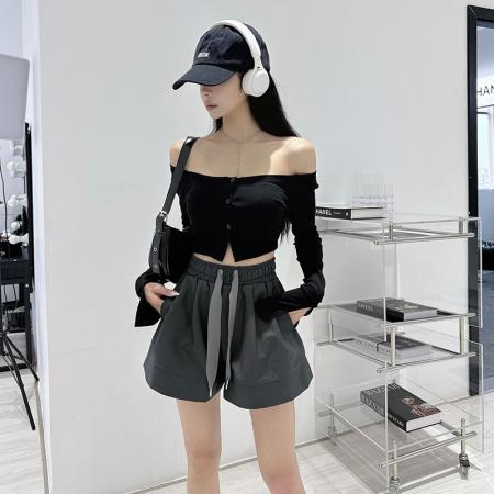 夏季斜纹丝松紧高腰阔腿裤子女夏季宽松显瘦薄款短裤