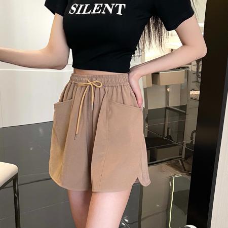 高品质斜纹系带高腰双口袋休闲裤女春夏百搭阔腿短裤