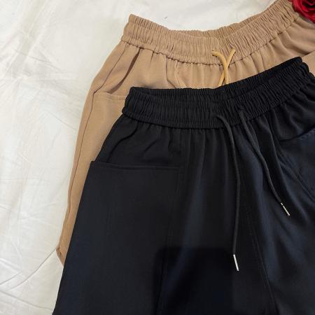 高品质斜纹系带高腰双口袋休闲裤女春夏百搭阔腿短裤