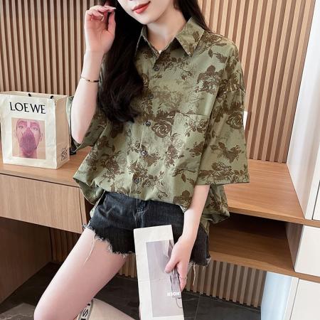 短袖防晒衬衫夏季新款美式复古宽松港风设计感花上衣