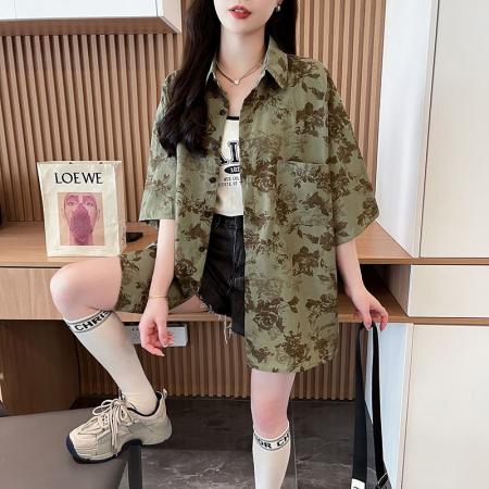 短袖防晒衬衫夏季新款美式复古宽松港风设计感花上衣