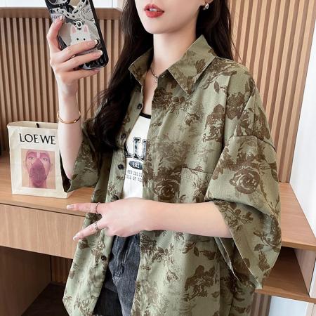 短袖防晒衬衫夏季新款美式复古宽松港风设计感花上衣