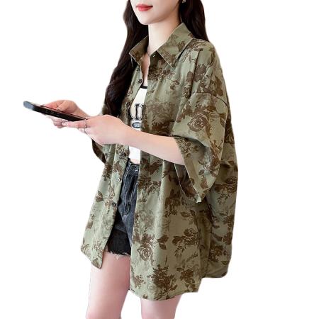 短袖防晒衬衫夏季新款美式复古宽松港风设计感花上衣