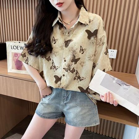 长袖防晒衬衫夏季新款蝴蝶印花小众复古风法式上衣女