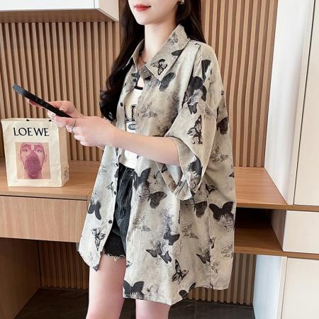 长袖防晒衬衫夏季新款蝴蝶印花小众复古风法式上衣女