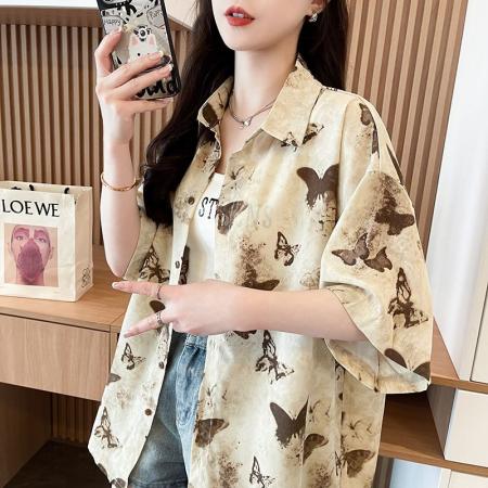 长袖防晒衬衫夏季新款蝴蝶印花小众复古风法式上衣女