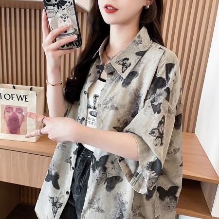 长袖防晒衬衫夏季新款蝴蝶印花小众复古风法式上衣女