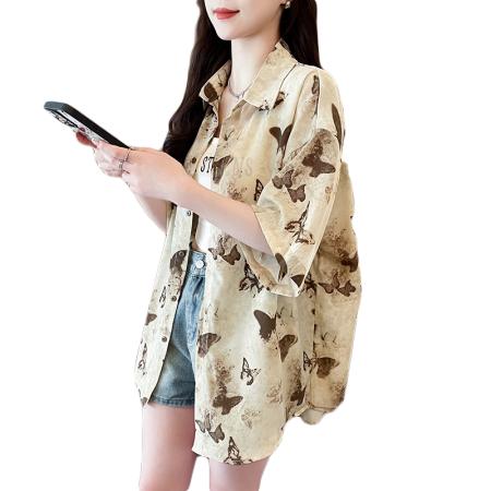 长袖防晒衬衫夏季新款蝴蝶印花小众复古风法式上衣女