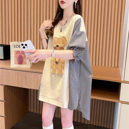 棉拉架夏季条纹设计拼接印花圆领短袖T恤女