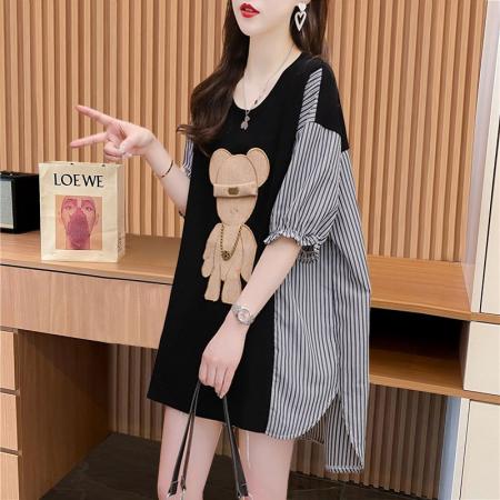 棉拉架夏季条纹设计拼接印花圆领短袖T恤女