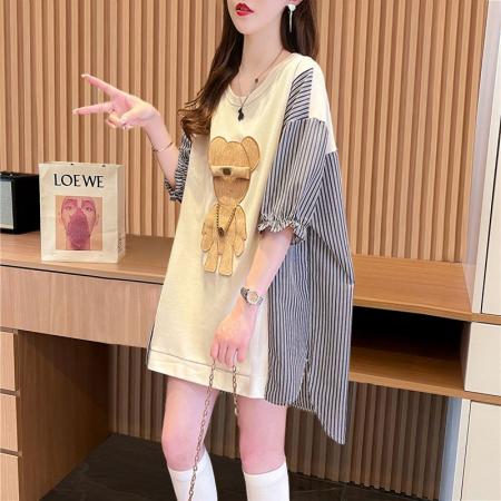 棉拉架夏季条纹设计拼接印花圆领短袖T恤女