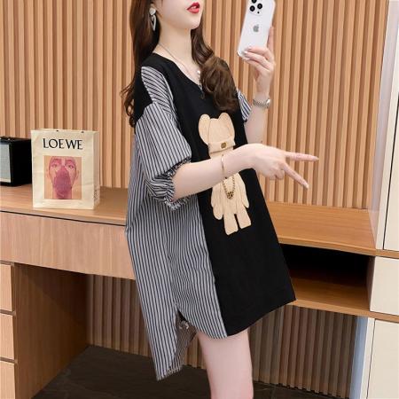 棉拉架夏季条纹设计拼接印花圆领短袖T恤女