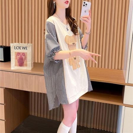 棉拉架夏季条纹设计拼接印花圆领短袖T恤女