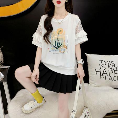 新款韩版宽松蕾丝拼接镂空短袖T恤女