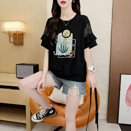 新款韩版宽松蕾丝拼接镂空短袖T恤女