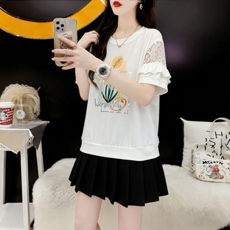 新款韩版宽松蕾丝拼接镂空短袖T恤女