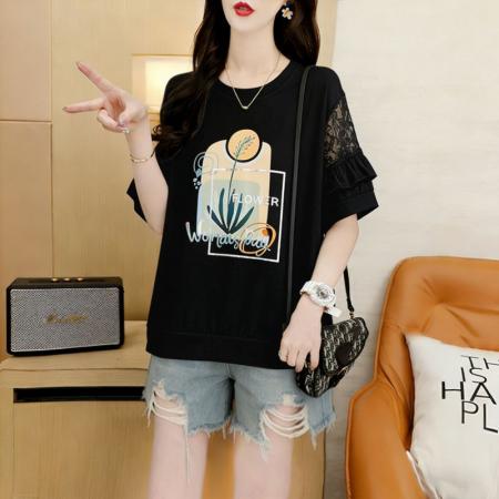 新款韩版宽松蕾丝拼接镂空短袖T恤女