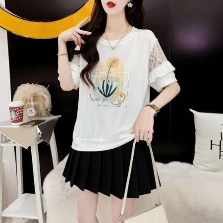 新款韩版宽松蕾丝拼接镂空短袖T恤女