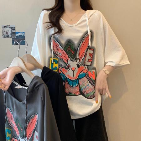 冰丝邹夏季新款宽松卡通印花短袖连帽T恤上衣