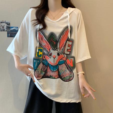 冰丝邹夏季新款宽松卡通印花短袖连帽T恤上衣