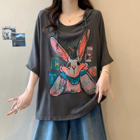 冰丝邹夏季新款宽松卡通印花短袖连帽T恤上衣