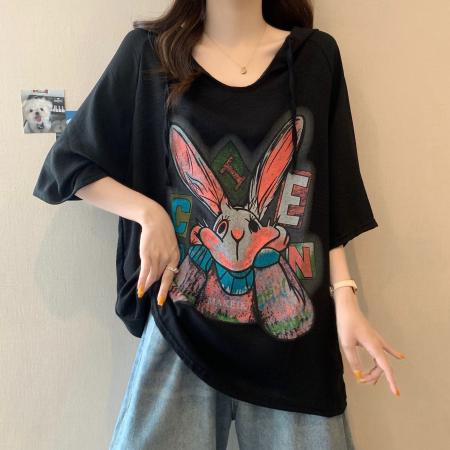 冰丝邹夏季新款宽松卡通印花短袖连帽T恤上衣