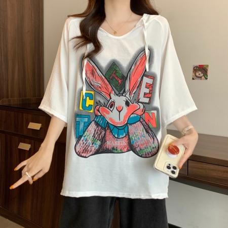 冰丝邹夏季新款宽松卡通印花短袖连帽T恤上衣