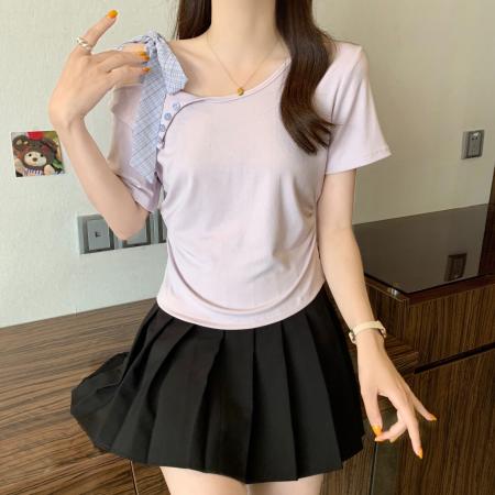 人棉夏季新款不规则绑带露肩设计感短袖上衣