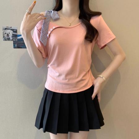 人棉夏季新款不规则绑带露肩设计感短袖上衣