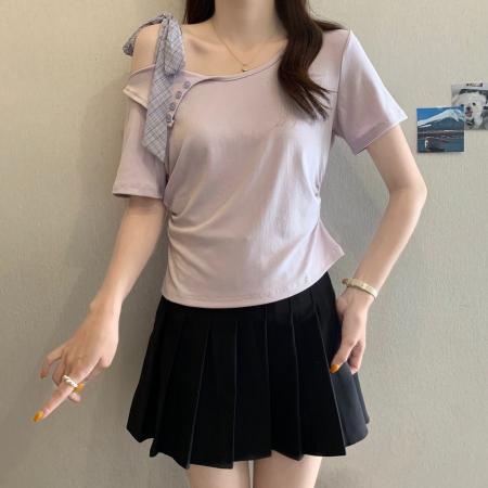 人棉夏季新款不规则绑带露肩设计感短袖上衣