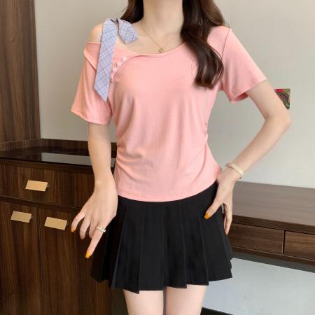 人棉夏季新款不规则绑带露肩设计感短袖上衣