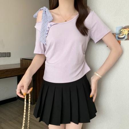 人棉夏季新款不规则绑带露肩设计感短袖上衣