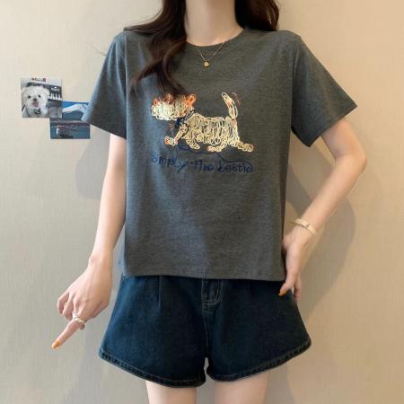 精棉夏季新款韩版刺绣圆领T恤上衣