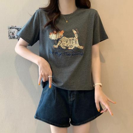 精棉夏季新款韩版刺绣圆领T恤上衣